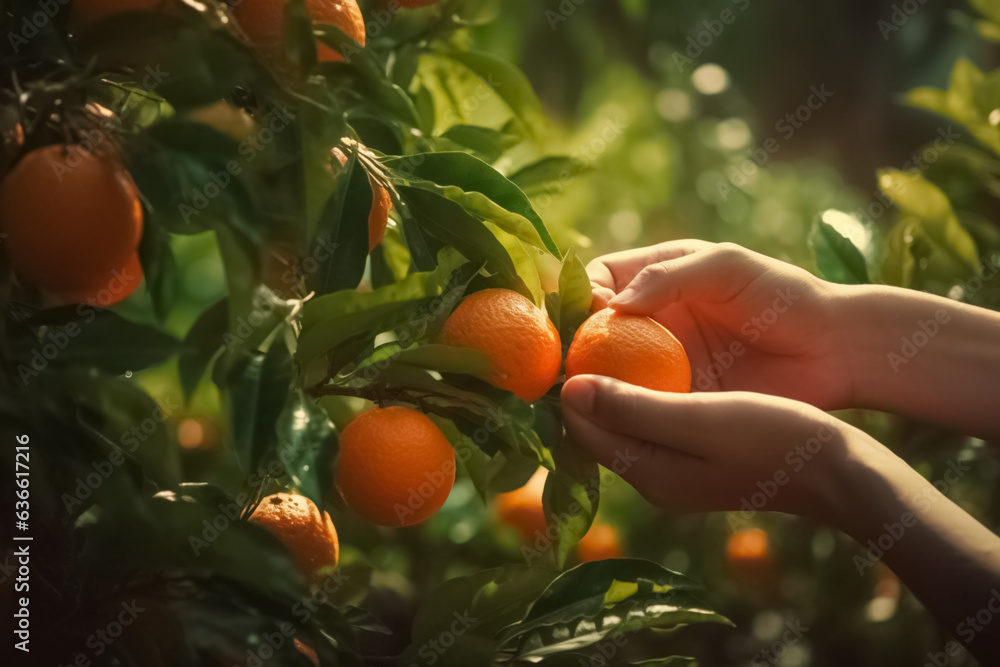 Close up, picking citrus, citrus fruit, oranges and mandarin, sunny weather, illustration. Generative AI. Tangerine, mandarine, garden, plant and fruit, food and meal, image Close up, picking citrus, citrus fruit, oranges and mandarin, sunny weather, illustration. Generative AI. Tangerine, mandarine, garden, plant and fruit, food and meal, image