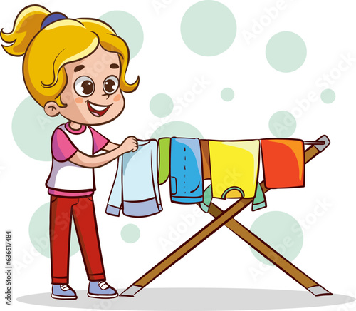 Cute kids doing housework chores.girl hanging wet clothes out to dry cartoon vector illustration
