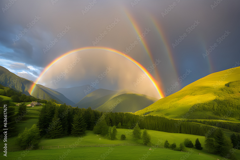 Naklejka premium rainbow in the mountains, dome shaped rainbow over the mountains