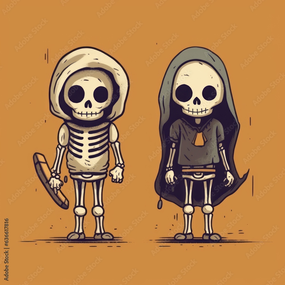Illustration of two cute little skeletons standing on an orange background and smiling. Picture of two small funny skeletons standing together. Drawing of funny little skeletons. Clip art. Flat design