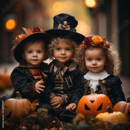 Group of little kids doing trick or treat. Small children in hats standing at the door of a house surrounded by Halloween pumpkins. Cute kids doing trick or treat on Halloween night. Illustration.