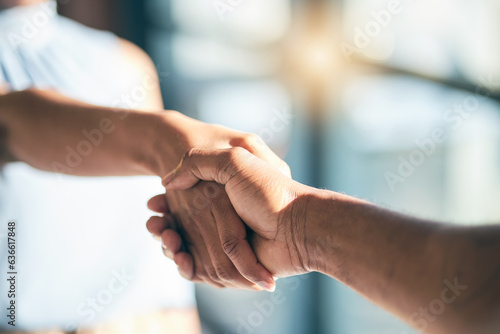 Fotografie Handshake, introduction and hands of people meeting for partnership or agreement together as a team with trust