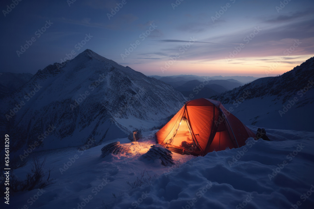 Camping in the snow a cozy tent, a starry sky, and the beauty of winter all around. AI Generative