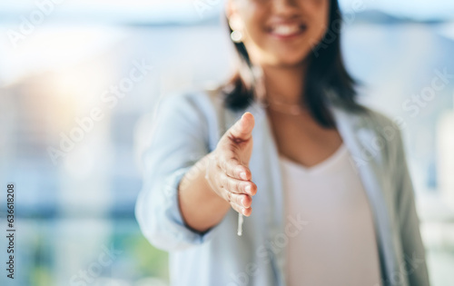 Wallpaper Mural Closeup, corporate and woman with handshake, agreement and contract with collaboration, b2b meeting and welcome. Hello, person or professional shaking hands for cooperation, onboarding or negotiation Torontodigital.ca