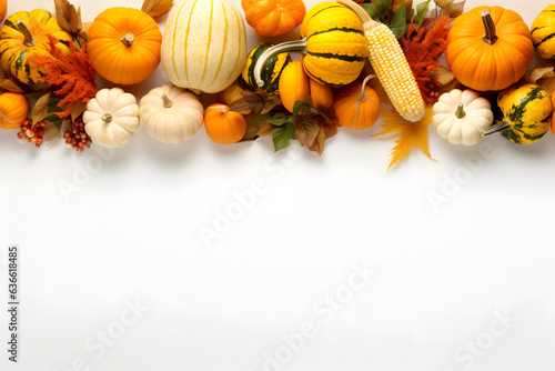 Top view of a Thanksgiving cornucopia with pumpkins