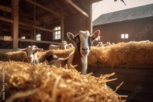 Fototapeta Goat farm, goats eat hay in the stall, illustration