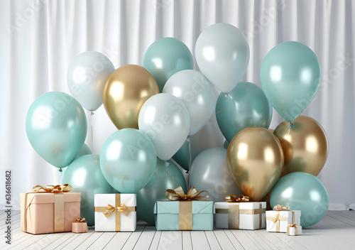 photo happy birthday with realistic balloons and gifts 