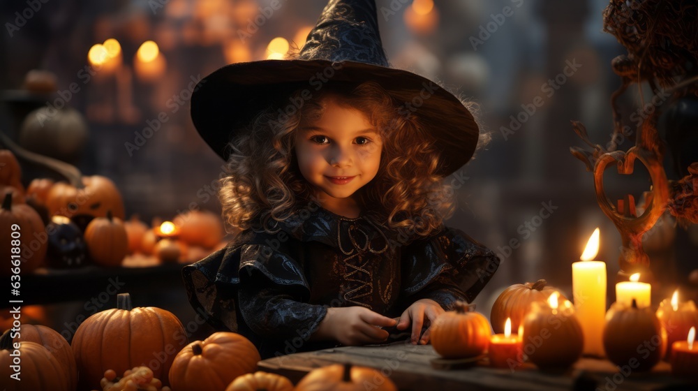 Cute little girl smiling in a witch costume with a witch hat surrounded ...