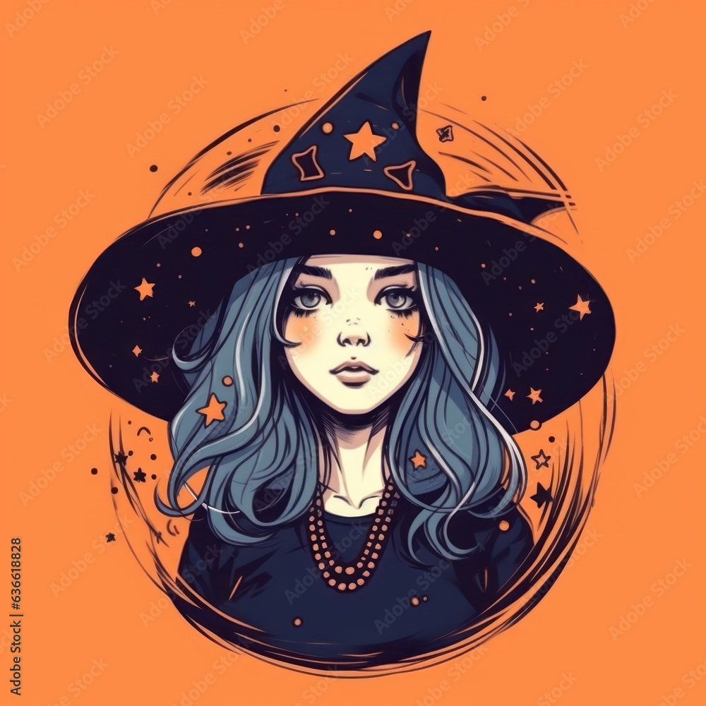 Illustration of a young girl in a witch costume with a witch hat standing and looking forward. Picture of a beautiful woman with long hair in hat and a witch suit picture. AI vector illustration image Illustration of a young girl in a witch costume with a witch hat standing and looking forward. Picture of a beautiful woman with long hair in hat and a witch suit picture. AI vector illustration image