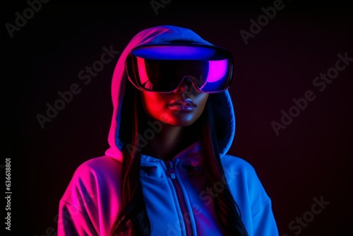 Young african female student use computer technology girl VR headset virtual reality goggles exploration metaverse modern advanced tech future progress playing cyber game experience gaming background © Yuliia