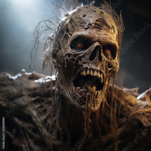 Scary zombie with a frightening face. Terrifying zombie skeleton standing in the dark and looking to the side. Scary angry skeleton with an ugly face and an evil look on a dark background forward.