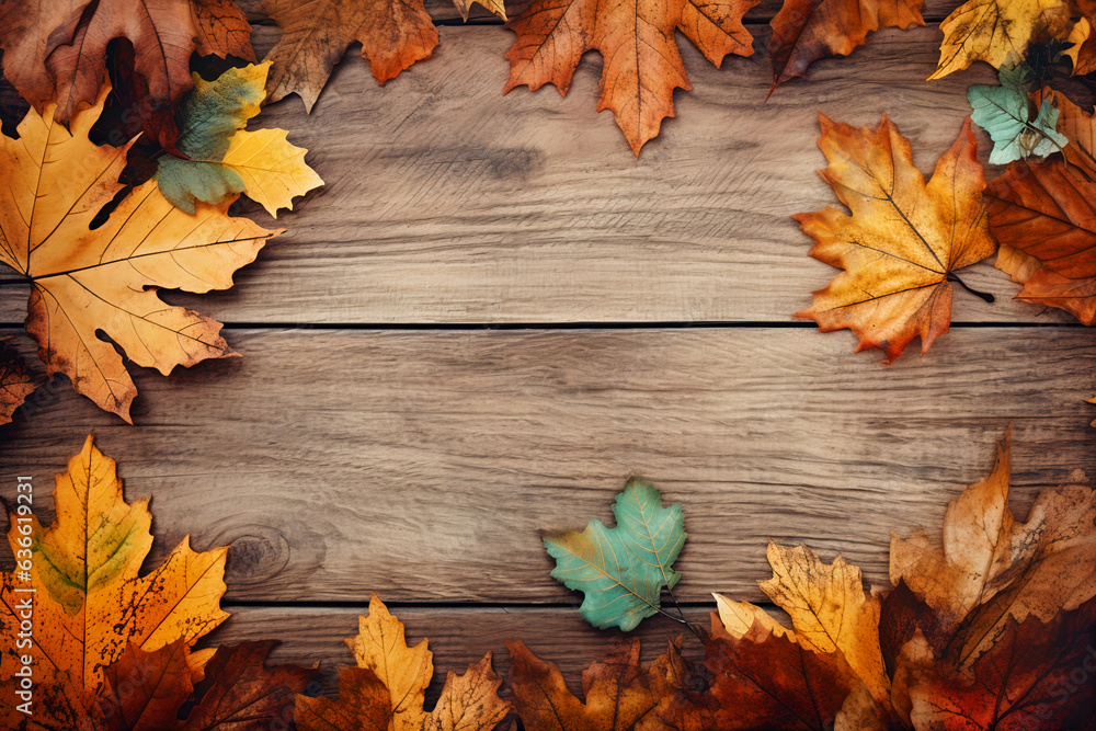 Wooden background, wood texture and autumn leaves, background, frame. Generative AI