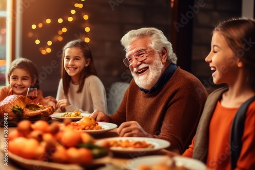 Grandfather with grandkids celebrating Thanksgiving dinner at home