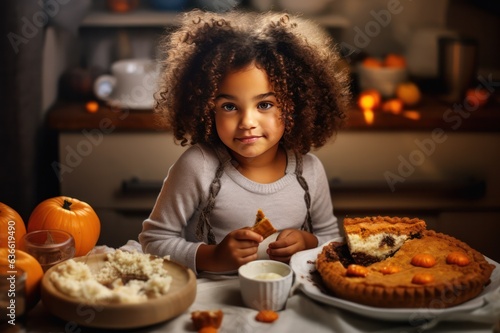 Mixed race girl eating pumpkin pie at Thanksgiving dinner