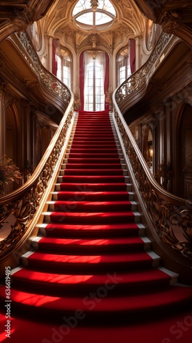 Red carpeted staircase leading up to large window.