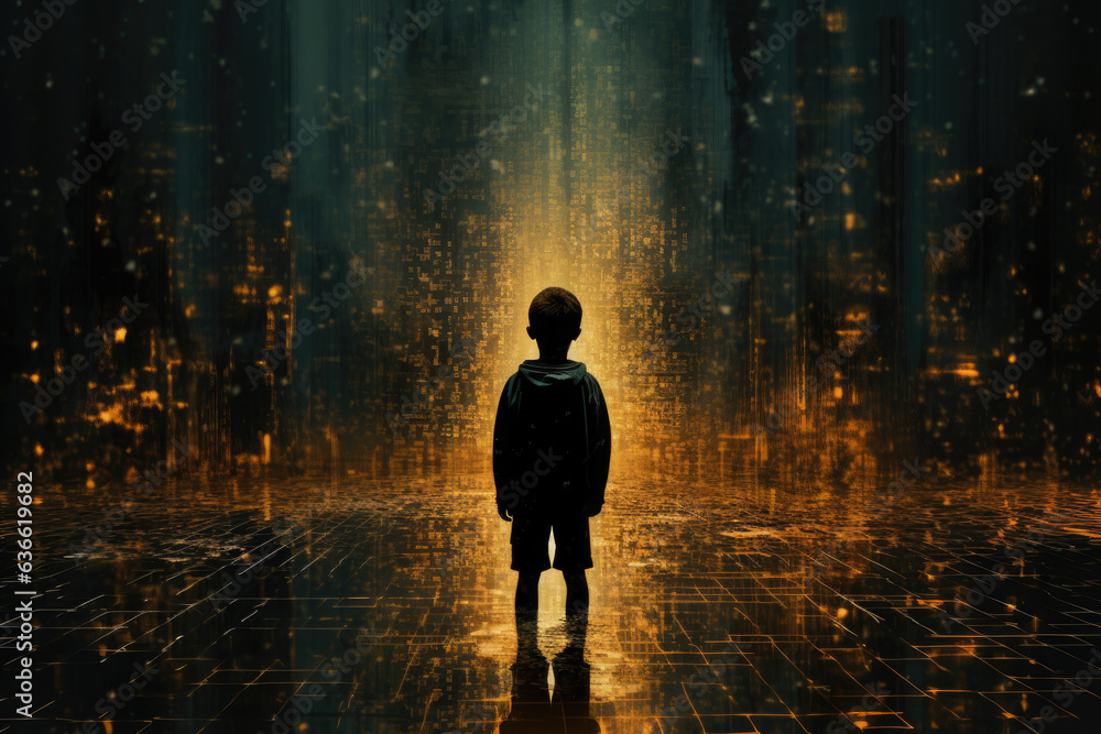 Young Boy's Silhouette Through Digital Pixel Rain