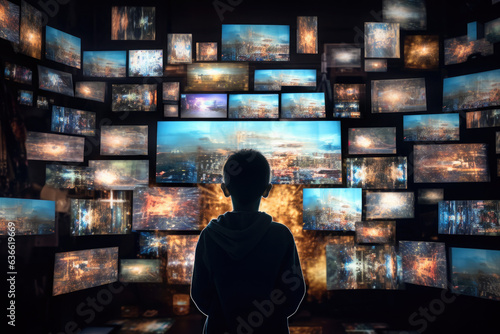 Back of Young Boy Engulfed in Glow of Multiple Screens