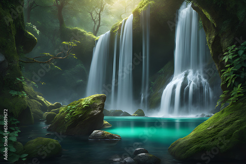 waterfall in the jungle, waterfall in the green lake in the forest.