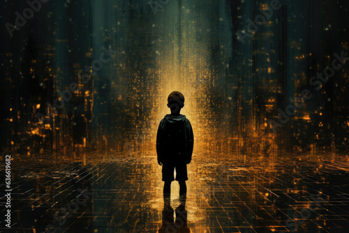 Young Boy's Silhouette Through Digital Pixel Rain