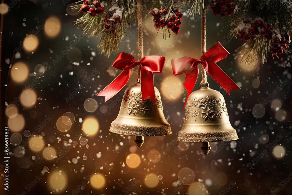 Christmas Bells with Red Ribbon - obrazy, fototapety, plakaty 