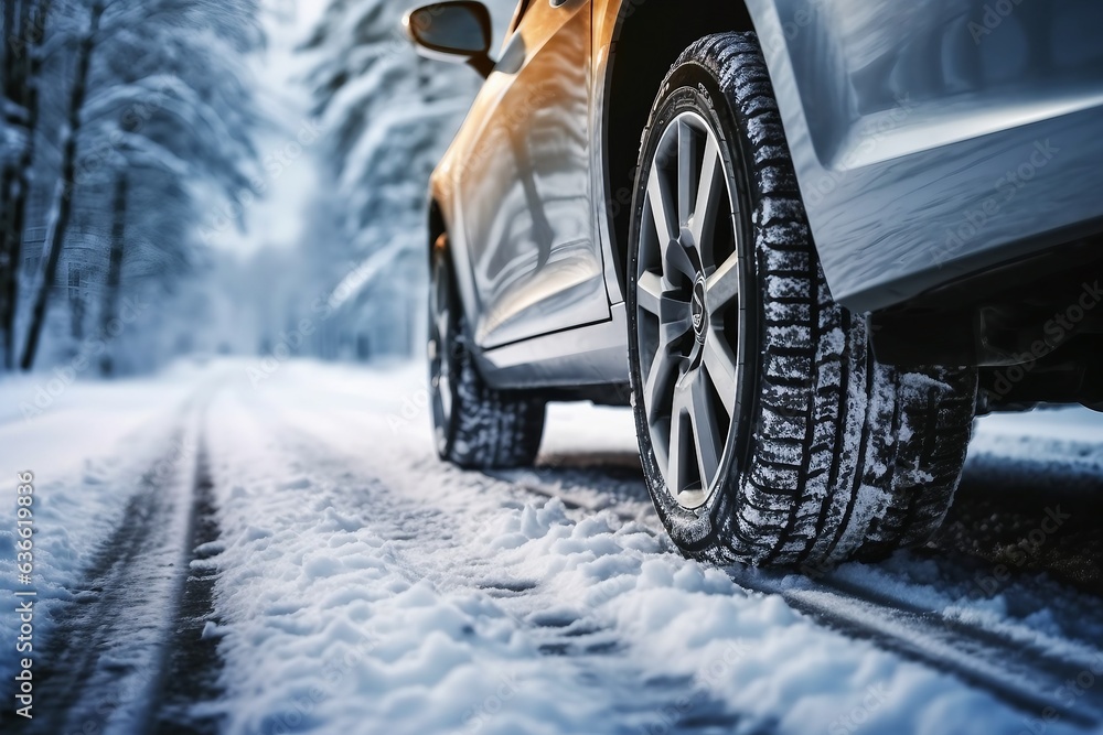 Winter tire. Car on snow road. Tires on snowy highway detail. generative ai.