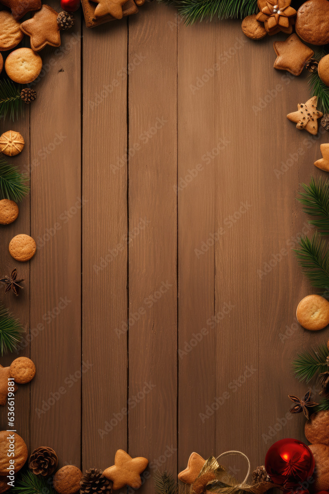 Christmas Frame with Ginger Snap Cookies on Wooden Background with empty space for text