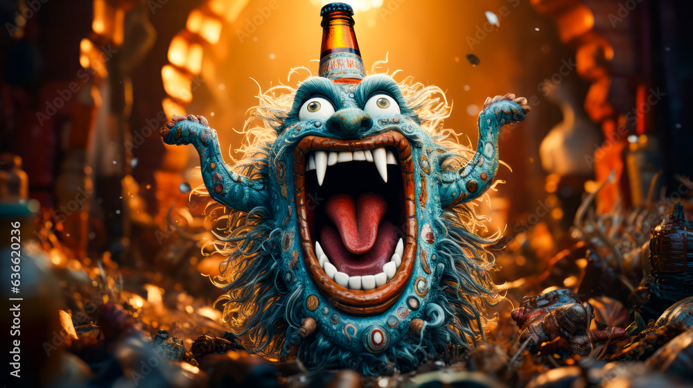 Blue monster with beer bottle on its head with its mouth open. - obrazy, fototapety, plakaty 