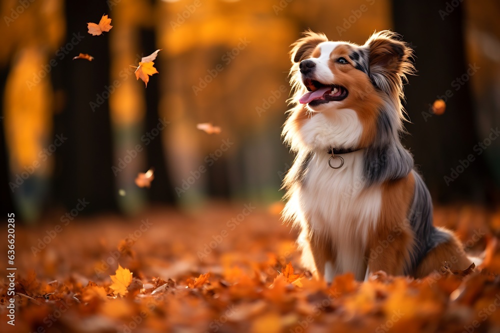 Dog that is standing in the leaves with smile on his face.
