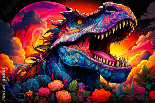 Image of dinosaur with its mouth open and flowers in the foreground.