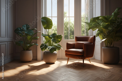 armchair in a room with three flowerpot