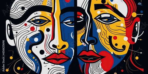 Modern illustration in linocut style. Surreal colored faces with patches of yellow, red, white, blue and black. Stylish image for design.