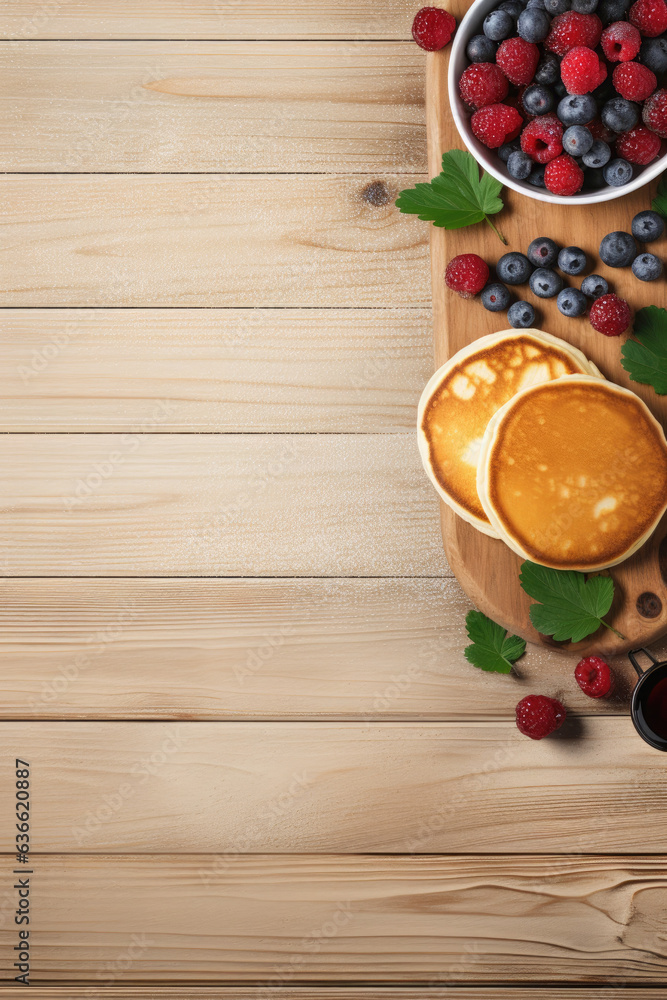 Pancakes with raspberries, blueberries, and honey banner with empty space for text