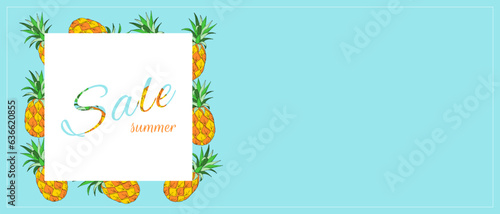 Horizontal banner for summer sale. Summer ripe pineapple hand drawn. Sale promotional material vector illustration. Sale flyer design with empty insert space.