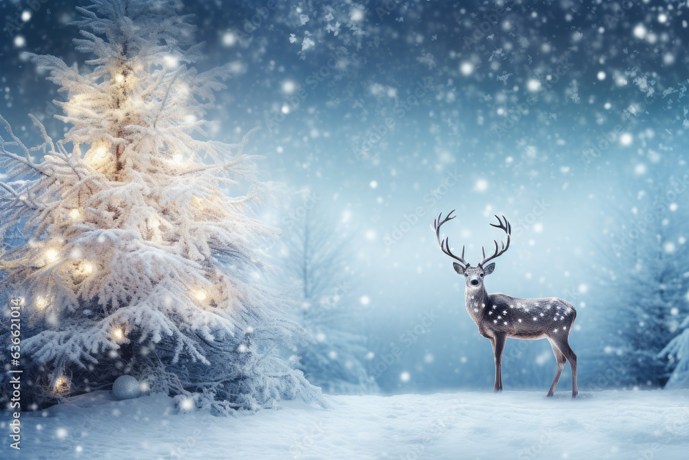 Majestic Reindeer Standing Beside a Snow-Covered Tree: A Wintry Banner Capturing the Essence of the Season Majestic Reindeer Standing Beside a Snow-Covered Tree: A Wintry Banner Capturing the Essence of the Season