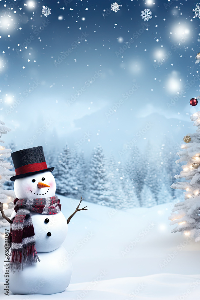 Fototapeta premium Merry Christmas Snowman in Wintry Landscape