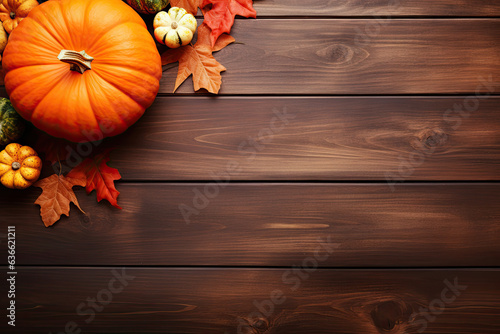 A Pumpkin on Wooden Table banner with empty space for copy