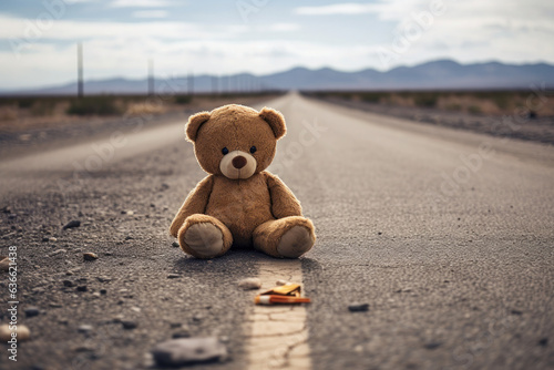 Abandoned Teddy Bear in Middle of Desolate Road
