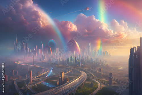 rainbow over the river rainbow over the modern city with beautiful clouds background Generative Ai