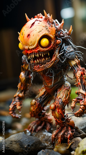 Close up of action figure of creature with yellow eyes.