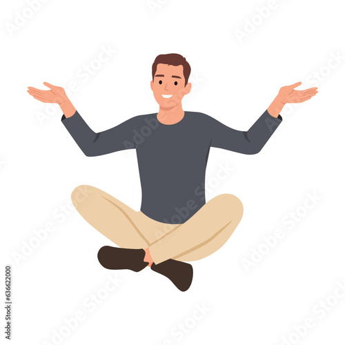 Young executive geek sitting relaxed with a friendly invite someone came. Flat vector illustration isolated on white background