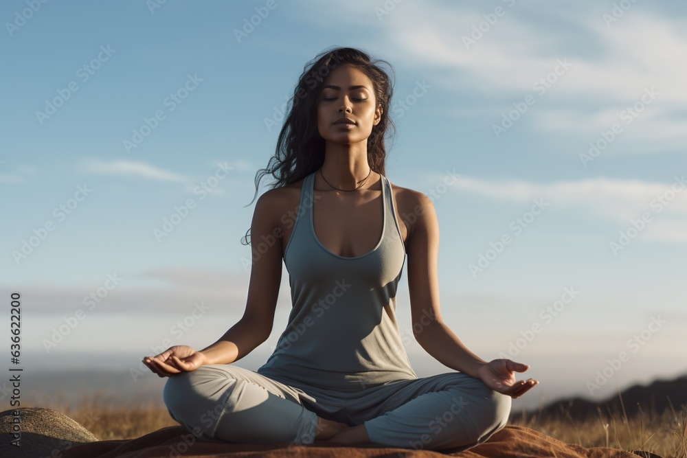 Young woman practices yoga and meditates in the lotus position at a hilly outdoor
