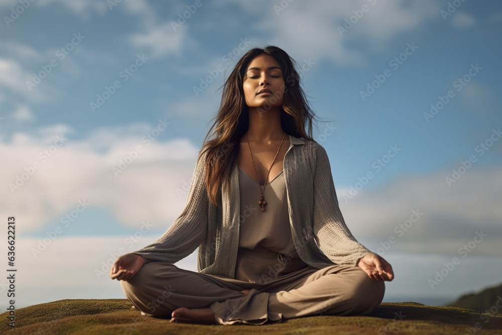 Young woman practices yoga and meditates in the lotus position at a hilly outdoor Young woman practices yoga and meditates in the lotus position at a hilly outdoor