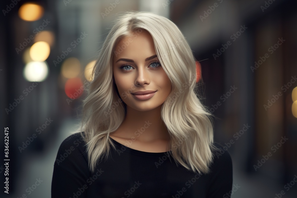 Portrait of a beautiful smiling blonde girl in outdoor background. Generative AI