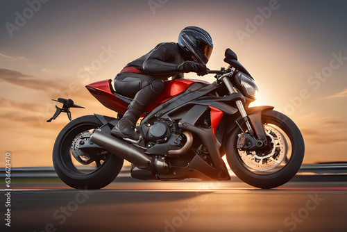 motocross rider on a motorcycle, red modern sports bike on the road at very fast speed with sunset background