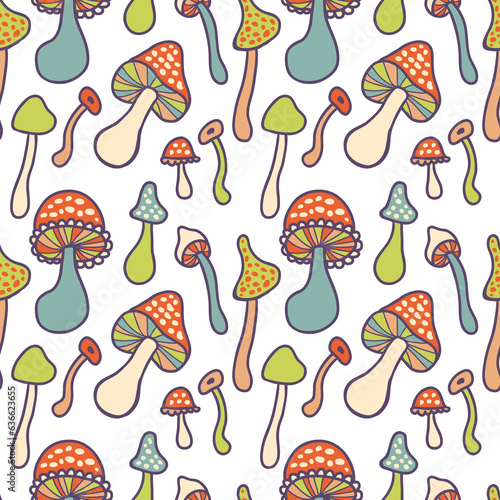 Hippie aesthetic agaric mushrooms seamless pattern. Perfect print for tee, paper, fabric, textile. Seventies style illustration.