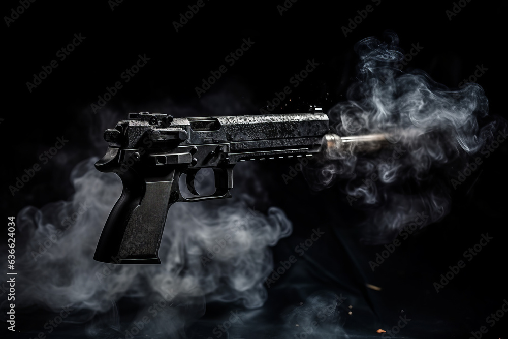 Close up shot of automatic gun with gun smoke on black background Close up shot of automatic gun with gun smoke on black background