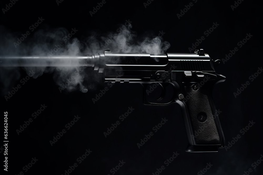 Close up shot of automatic gun with gun smoke on black background Close up shot of automatic gun with gun smoke on black background