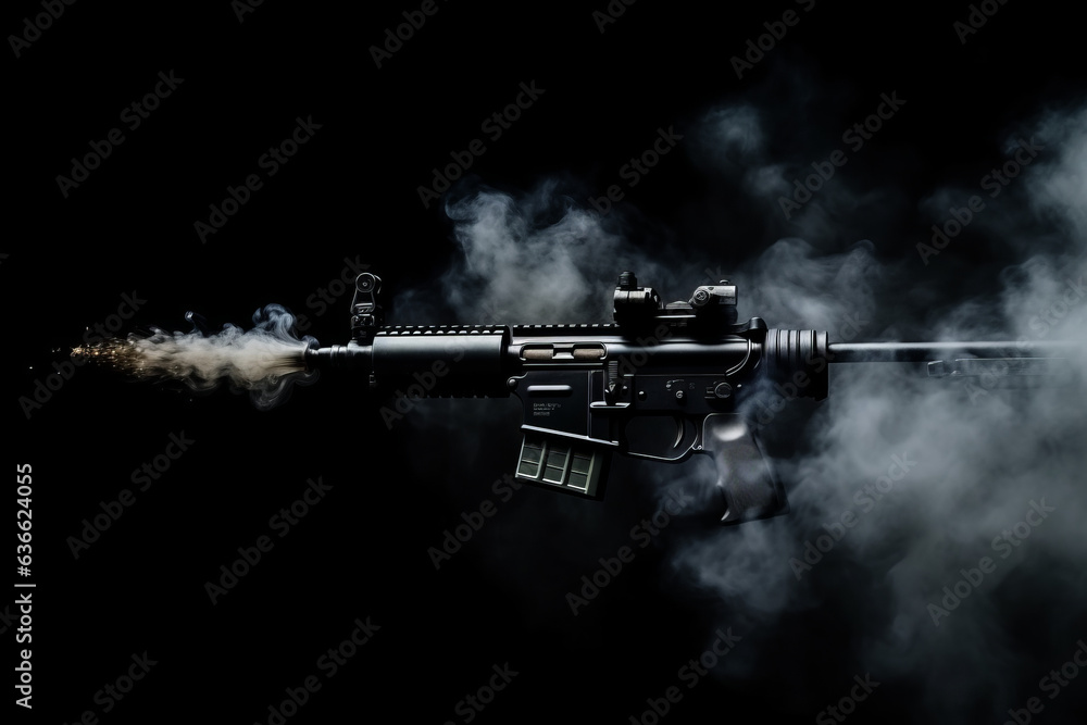 Obraz premium Close up shot of automatic gun with gun smoke on black background