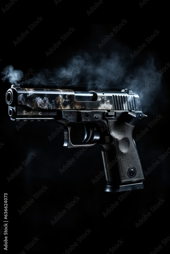 Close up shot of automatic gun with gun smoke on black background Close up shot of automatic gun with gun smoke on black background
