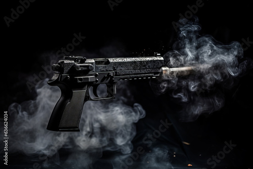 Close up shot of automatic gun with gun smoke on black background